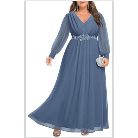 Pinup Womens Formal Plus Size 22W Blue Chiffon Mother Of The Bride Dress - Picture 3 of 16